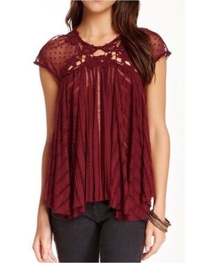 Free People Lucea Lace Top - Burgundy Pleated Sheer Boho Blouse XS